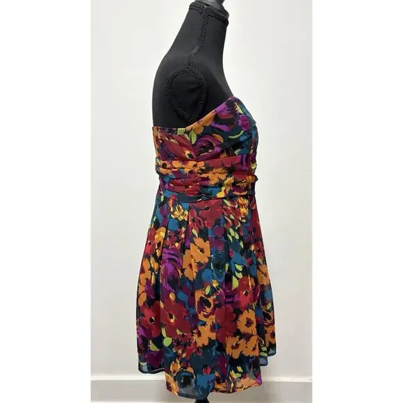 Forever 21 Strapless Floral Dress Women’s XS Blue Orange Purple Fit Flare Party - Picture 2 of 8